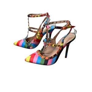 Wild Diva Striped Studded High Heel Pointed Toe Pumps Size 5.5 Rainbow Pride EUC